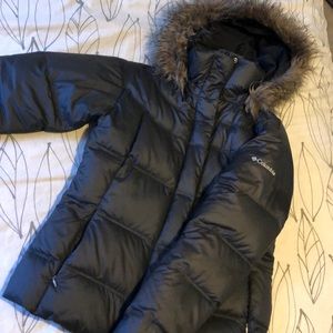 Black Columbia down jacket with hood, size M